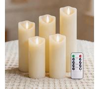 PinnWaa Bougies LED Sans Flamme Lot de 5, Cire Véritable à Piles, Ivoire | Télécommande, Minuterie, Lumière Vacillante, Effet Flamme Réaliste, Luminosité Réglable, Décoration Maison, Chambre et Noël