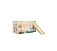 PINO Lit Compact avec Toboggan Pin Massif Nature + Rideau en 4 parties Dinos