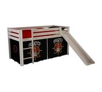 PINO Lit mezzanine avec toboggan pin massif Blanc + Rideau de lit Pirate