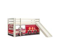 Vipack Lit mi-hauteur PINO avec toboggan, set textile "FIRE RESCUE", pin massif laqué blanc
