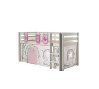 PINO Lit sureleve 90x200cm avec sommier Blanc + Rideau de lit Birdy + 3 pochettes