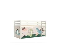 PINO Lit sureleve en pin massif 90x200cm avec sommier Blanc + Rideau en 4 parties Dinos