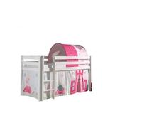 Vipack Lit surélevé Pino en pin massif 90 x 200 cm – Sommier + set rideau et tunnel Princess