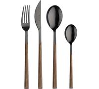 Pinti Sushi Anniversary Black&Teak – Lot de 24 couverts en acier inoxydable noir avec manches effet bois | Service complet pour 6 personnes (fourchette, couteau, cuillère et petite cuillère)