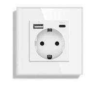 PintoHardware Prise Murale Blanche avec USB et USB-C 3,1A, Prise Encastrable 250V 16A Charge Rapide, Façade en Verre Trempé, Design Moderne pour Maison, Bureau et Chambre Convient au Smartphone