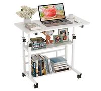 PIPIPOXER 80x40cm Bureau d'Ordinateur Portable Roulant Table Informatique, Table Roulant avec 1 Tiroir et 2 Etagères, Hauteur Réglable 74.5-95.5cm, Table d'Appoint 4 Roulette Verrouillable, Blanc