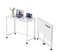 PIPIPOXER 90x56x75cm Table de Bureau Pliante avec Roulante Verrouillable, Bureau d'Ordinateur Pliable, Table de Bureau avec Fente pour Pad, Cadre en Métal,Bureau Pliant pour Étudier, Imperméable,Blanc