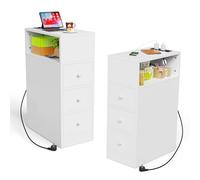 PIPIPOXER Lot de 2 Table de Chevet Étroite avec Multiprise, Table de Nuit avec 1 Compartiments Ouverts et 3 Tiroir, Chevet de Lit,Table d’Appoint, pour Chambre, Salon,Blanc