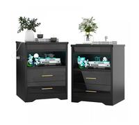 PIPIPOXER Lot de 2 Tables de Chevet Brillance avec éclairage LED - 3 Tiroirs et Verrouillables - 2 Prises AC, 2 Ports USB - Noir