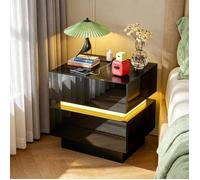PIPIPOXER Table de Chevet avec Prises et USB,LED,Haute Brillante en Bois,Table de nuit avec 2 Tiroirs,Moderne,Chambre,45x35x46cm