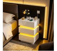 PIPIPOXER Table de Chevet avec Prises et USB,LED,Haute Brillante en Bois,Table de nuit avec 3 Tiroirs,Moderne,Chambre,45x35x61cm
