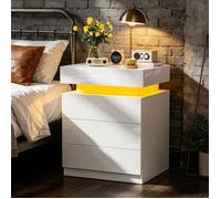 PIPIPOXER Table de chevet blanc couvercle coffre secret,3 tiroirs table de nuit avec LED,rangement salon moderne,45x35x61