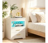 PIPIPOXER Table de chevet blanche prise USB RGB,tiroir coulissant à serrure sécurité,caisson brillant scandinave studio,39x44x58