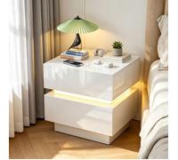 PIPIPOXER Table de Chevet Brillante,Chevet Blanc avec Prises et LED,Table de nuit avec 2 Tiroirs,45x35x46cm