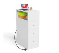 PIPIPOXER Table de Chevet Étroite avec Multiprise, Table de Nuit avec 1 Compartiments Ouverts et 3 Tiroir, Chevet de Lit,Table d’Appoint, pour Chambre, Salon,Blanc