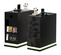 PIPIPOXER Table de Chevet étroite - Avec Station de Charge et LED et USB - 3 Tiroirs - Noir - 30x50x62cm