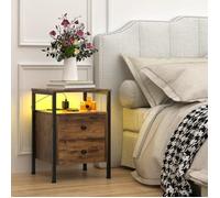 PIPIPOXER Table de Chevet Industriel - 2 tiroirs - Bois et Métal - Marron - 40 x 40 x 61 cm - avec LED et Station de Charge