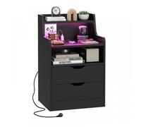 PIPIPOXER Table de chevet Noir - Prise et ports USB - 2 tiroirs et 1 niche - Éclairage LED Réglable - 45x35x72 cm