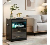 PIPIPOXER Table de chevet noire tiroir supérieur coulissant à serrure sécurité,multiprise USB RGB,caisson brillant loft chambre