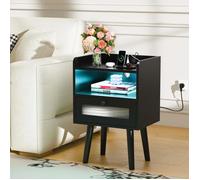 PIPIPOXER Table de Chevet,Prise et USB,Bande LED Multicolore Réglable,Tiroir et compartiment ouvret,Pieds en bois,40×30x60 cm