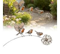 Piquet de jardin en forme de rouge-gorge avec 3 rouges-gorges rustiques - Sculpture de jardin en métal avec accent floral pour pelouse, terrasse, parterre de fleurs et allée, cadeau commémoratif
