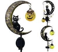 Piquets solaires de jardin d'extérieur en métal imperméable avec motif chat noir et jack-o-lanterne éclairés par LED avec croissant de lune - Art effrayant pour pelouse, porche, cimetière (noir A)