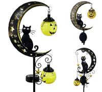 Piquets solaires de jardin d'extérieur en métal imperméable avec motif chat noir et jack-o-lanterne éclairés par LED avec croissant de lune - Art effrayant pour pelouse, porche, cimetière (noir C)