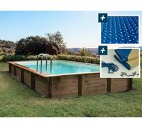 Piscine bois en kit rectangle ""Oceano "" - 9.20 x 5.20 x 1.44 m - Bâche à bulles 400 µ - Bâche hiver 280 g/m²
