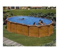 Piscine ovale acier 6,34m x 3,99m x H: 1,32m - Imitation bois - Filtration à sable - SANS Renforts apparents