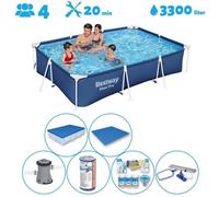 Piscine rectangulaire - 300 x 201 x 66 cm - Bleue - Avec pompe - Filtre - Kit d'entretien - Couverture de fond - Couverture - Kit de nettoyage