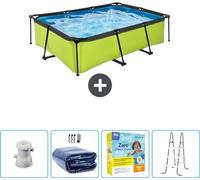 Piscine rectangulaire avec cadre vert - 220 x 150 x 65 cm - inclut un store solaire et d'ombrage - kit d'entretien - échelle - actuellement à un prix très avantageux