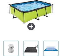 Piscine rectangulaire de couleur vert citron - 220 x 150 x 65 cm - Avec pompe - Panneau solaire - Couverture de sol - Actuellement à prix réduit