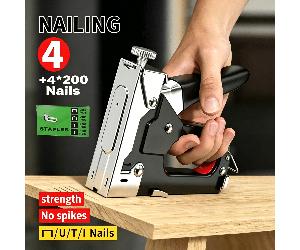 Pistolet à agrafes robuste, agrafeuse multifonction 4-en-1 compatible avec les clous en forme de U/T/I/carré, force réglable, utilisation à une main, comprend 800 agrafes et clous, poignée en TPR à pr