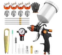 Pistolet à peinture professionnel HVLP avec buses de 1,4/1,7/2,0/2,5 mm, capacité de 600 ml et manomètre, idéal pour peintures de voiture, apprêts, vernis transparents, vernis de finition (orange/noir