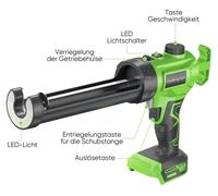 Pistolet électrique à cartouche Pistolet à colle chaude - Alimenté par batterie - Pour mastic vitrificateur et silicone - Éclairage LED - Sans fil - Compatible avec une batterie 18 V