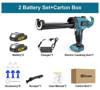 Pistolet électrique pour cartouches de silicone - Pistolet de pulvérisation pour joints, alimenté par batterie - Force de poussée de 400 kg - 18V, rechargeable - Sans fil - Livré avec 2 batteries