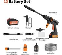 Pistolet nettoyeur haute pression pour voiture - Batterie 21 V - 200 bars - Buse pivotante 0-45° - Buse et raccord en cuivre - Avec tuyau - Incolore