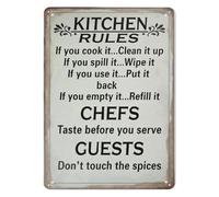 PIUHRKLEVD Humorous Kitchen Wall-Art Metal Tin Sign Retro Rules Plaque Vintage Decor for Home Cafe Bakery Dining Area Fun 8 X 12 Inch