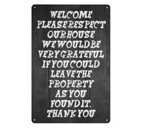 PIUHRKLEVD Welcome Sign Metal Tin Plaque Funny Respect Our House Rules Vintage Decor for Home Entryway Lakehouse Camp Humor Wall-Art 8 X 12 Inch
