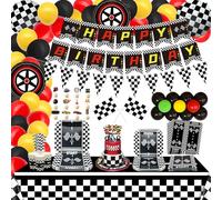 PIXHOTUL Fournitures de fête d'anniversaire sur le thème des voitures de course : décorations pour fête sur le thème des voitures, pour 20 personnes, inclut une bannière Joyeux Anniversaire, des