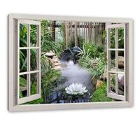 Pixxprint Jardin zen Japon, fenêtre, dimensions : 100 x 70 cm, tableau sur toile, prêt à être tendu, tableau mural, décoration, impression artistique, pas d'affiche