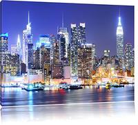 Pixxprint New York City Skyline Pont la Nuit, Peinture sur Toile, Format XXL Support en Bois, Leinwand Format:120x80 cm