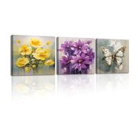 Piy Painting 3 Pièces Vintage Artistic Floral Tableau Déco Murale Jaune et violet Impression Painting Sur Toile Salon Papillon Tableaux Decoration Peinture Artistique Affiche Chambre Bureau 30×30cm