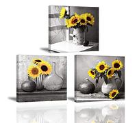 Piy Painting 3X Tableau de Tournesol Image Tournesol est Fleur Qui Aspire au Soleil Impression sur Toile avec Cadre Prêt Accrocher pour Salle de Bain Chambre Décor Mural Cadeau 30x30cm