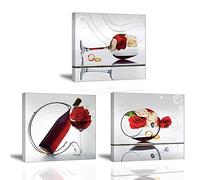 Piy Painting 3x Tableau de Verre à Vin Rouge avec Fleur de Roses - Impression sur Toile - Photo avec Cadre Prêt Accrocher Image pour Salle de Bain Chambre Décor Mural Cadeau 30x30cm chez