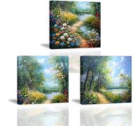 Piy Painting 3x Tableau sur Toile Paysage, Routes de Campagne, Fleurs et arbres, Impression sur Toile Forêt, Art et affiche pour Salon Salle de bain Bureau Décoration Murale 30x30cm, Cadre Intérieur