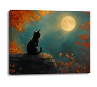 Piy Painting Impression Sur Toile Animalière, Art Mural Sur Toile Chaton Noir, Chaton Au Clair De Lune, Décoration Murale Peinture Pour Chambre Entrée Hall d'Entrée Café Bars, 30x40 cm