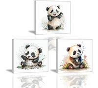 Piy Painting Impression sur Toile Panda Mignon Tableau sur Toile 3 pièces Animal Tableaux Déco Muraux Moderne Image sur Toile avec Cadre Art Mural pour Chambre à Coucher, Salle de Jeux 30x30cm