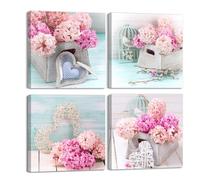 Piy Painting Lot de 4 Impression sur Toile Rose Décoration Murale 30x30 CM Motif de Coeur Romantique Tableaux Photo sur Toile avec Cadre Intérieur pour Décoration de la Maison Restaurant