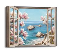 Piy Painting Tableau Déco Murale Plage Vue De La Fenêtre Impression Sur Toile Fleur et Mer Affiche Decoration Art Poster Peinture Chambre Cadre Painting Sur Toile Salon Bureau 30×40cm